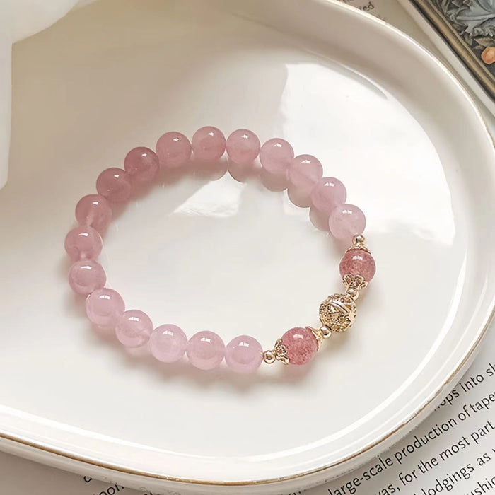 Wholesale Natural pink crystal bracelet, women's peach blossom jewelry, niche and minimalist design, hollowed out embroidered ball bracelet