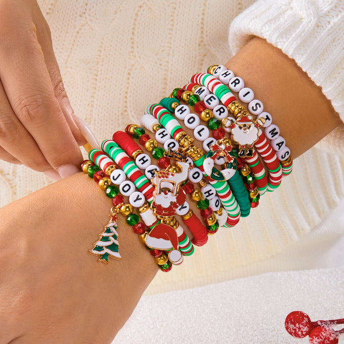 Wholesale Multi-layer stacking Christmas bracelet set personalized colorful polymer clay crystal elastic rope holiday bracelet