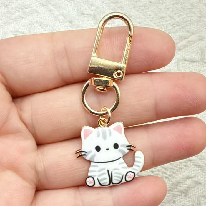 Wholesale 10pcs Cartoon Alloy Printed Pendant Cute Kitten Keychain Animal Series Metal Key Ring Bag Charm Accessory