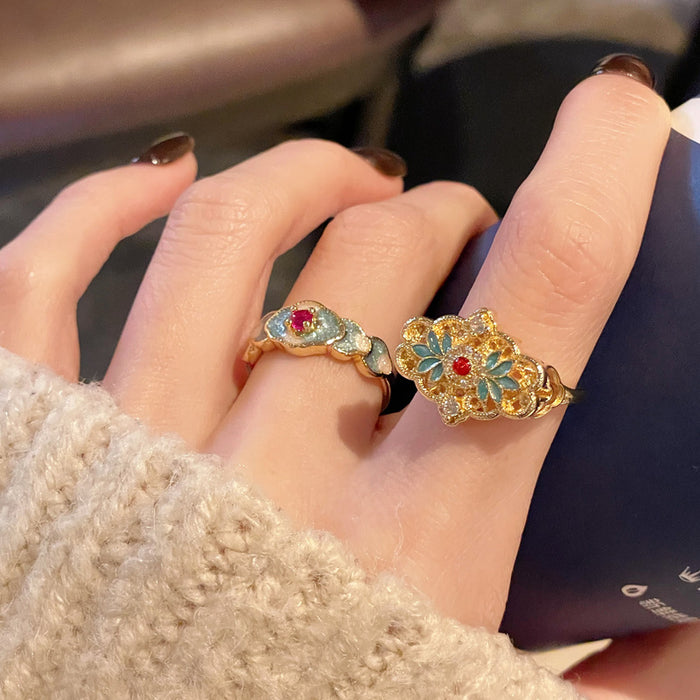 Wholesale Middle Ancient New Chinese Style Enamel Burned Blue Lace Gourd Open Ring