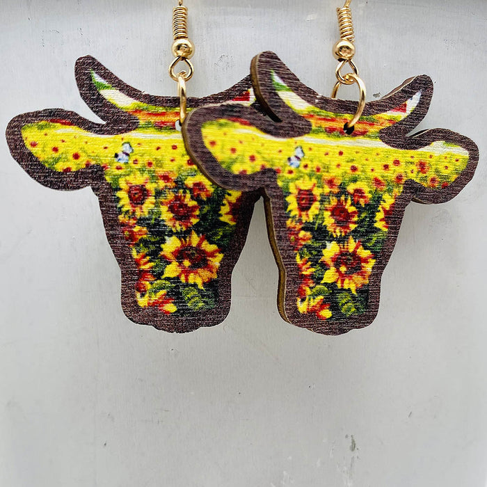 Wholesale Retro Wooden Earrings Western Denim Series Cowhead Sunflower Boho Earrings