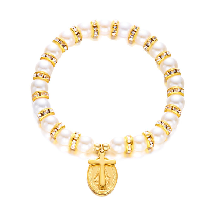 Wholesale Our Lady Cross Pearl Bracelet Gold Heart Imitation Pearl Bracelet