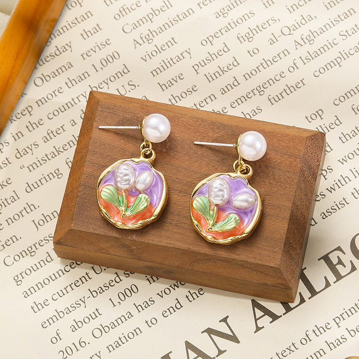 Wholesale Colored oil dripping flower earrings with a light luxury and high-end feel, fresh and fashionable temperament earrings