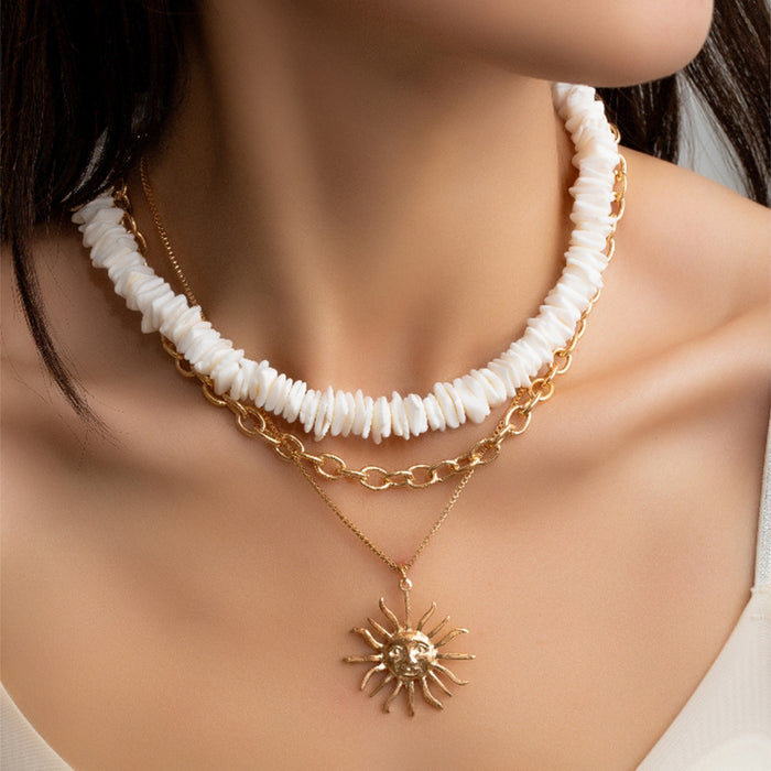 Wholesale Fashionable natural shell necklace, light luxury, high-end feeling, sun pendant, multiple layers, wearing collarbone chain
