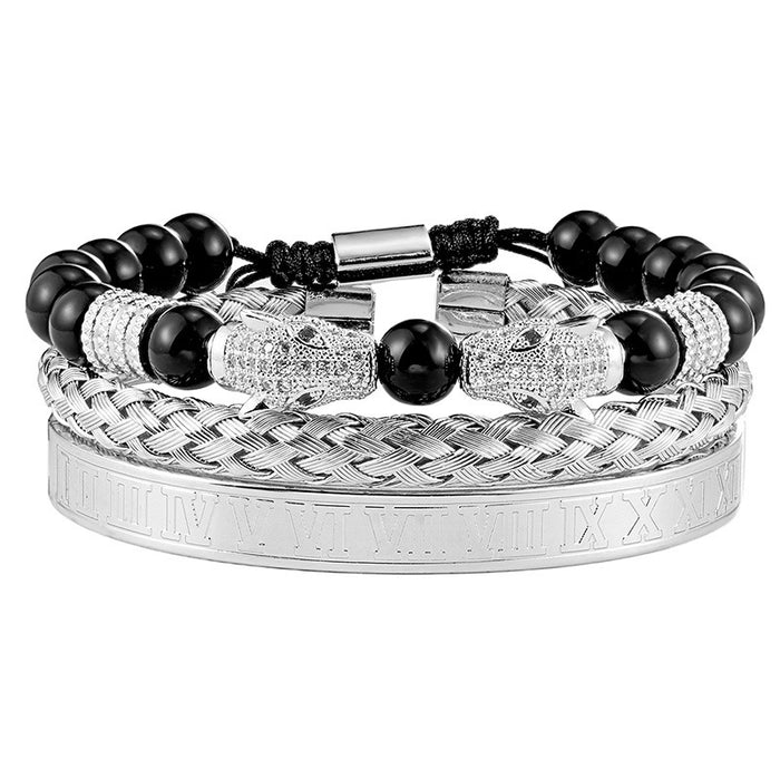 Wholesale Leopard Head Braided Bracelet Stainless Steel Roman Number Bracelet Vintage Style Three Piece Set