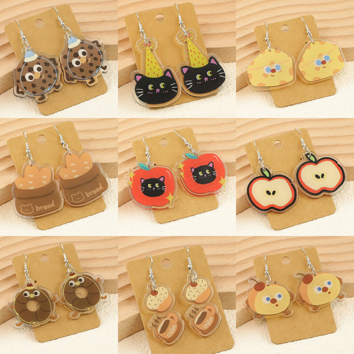 Wholesale Cute Cartoon Bread Cake Big Eyes Fruit Apple Kitten Birthday Ladies Acrylic Earrings