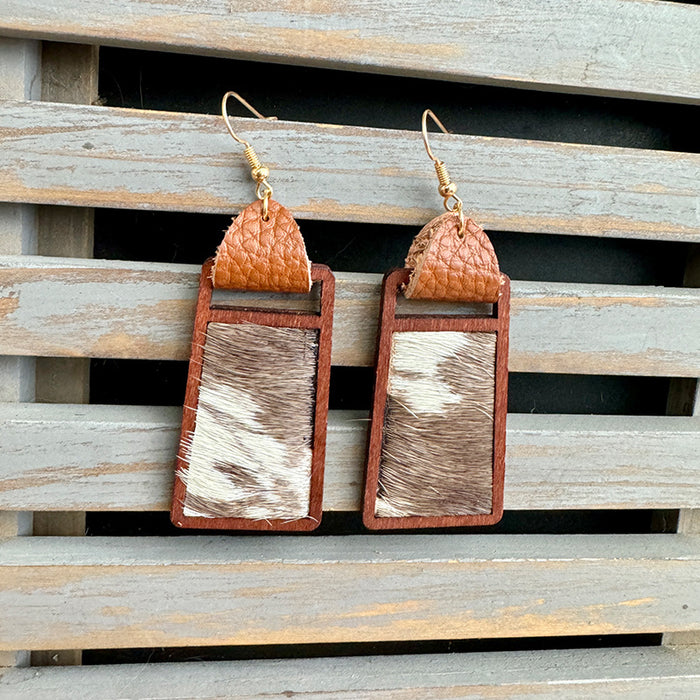 Wholesale Western genuine leather earrings Cow brand geometric hollow inlaid leopard print classic exaggerated earrings