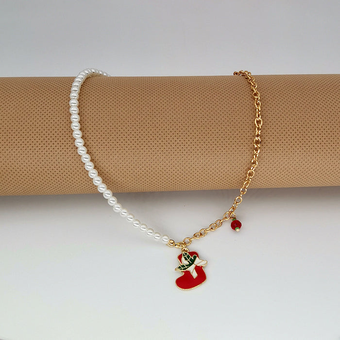 Wholesale Christmas Necklace Alloy Dripping Oil  Snowflake Bell Pearl Christmas Necklace