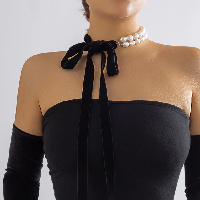 Wholesale Bowknot Clavicle Chain Necklace DIY Tie up Velvet Pearl Necklace