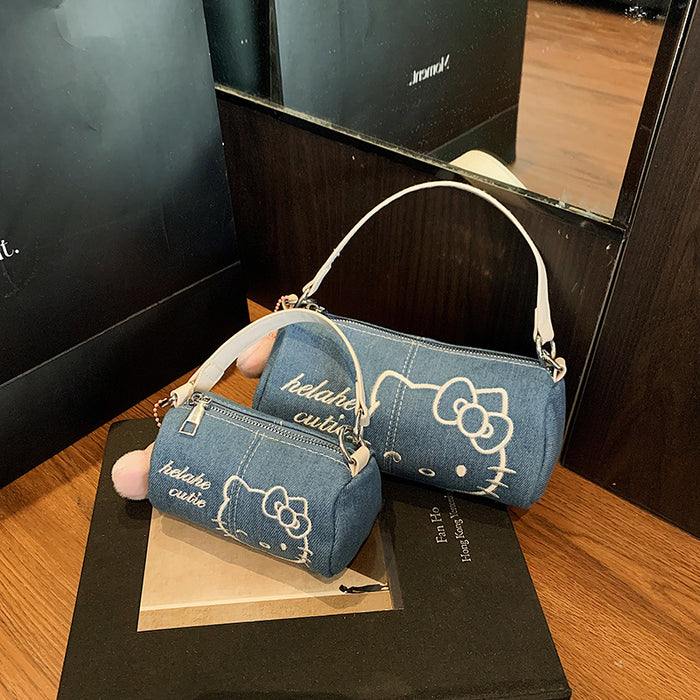 Wholesale Denim Canvas Embroidered Bag  Cute Mobile Phone Bag Crossbody Cylinder Bag