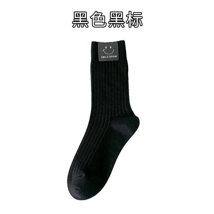 Wholesale Socks, mid tube socks, pure cotton black and white Zhuji socks, smiling face leather label, long tube socks