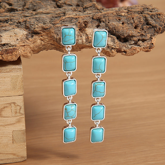 Wholesale Retro Square Turquoise Inlay Earrings Blue Long Tassel Alloy Fashion Jewelry