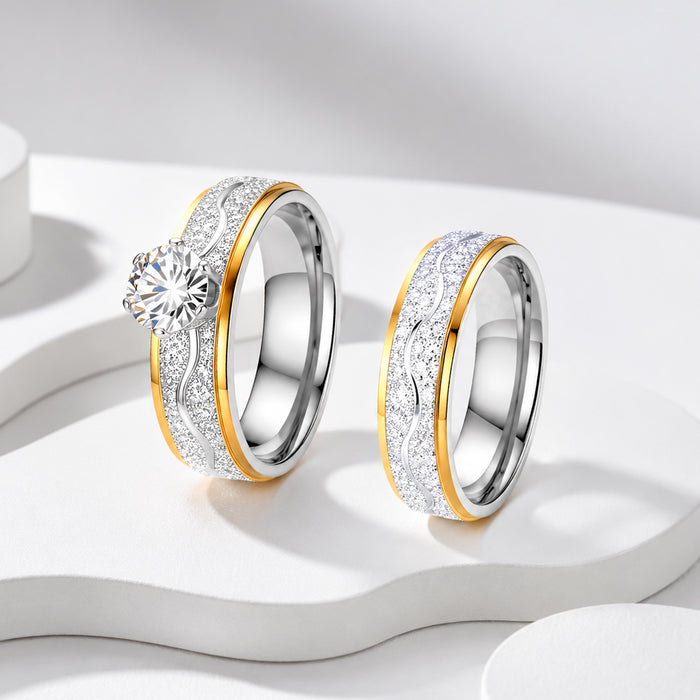 Wholesale Stainless Steel Two Tone Diamond Ring Set Matte Finish