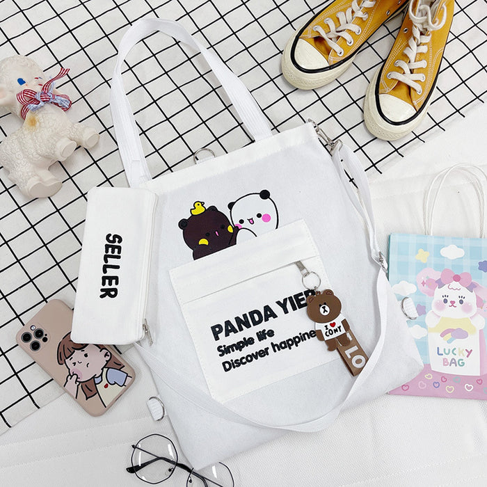 Wholesale Canvas Shoulder Bag Cartoon Bear Two-piece Student Double Back Canvas Bag Crossbody Large Capacity Tote Bag