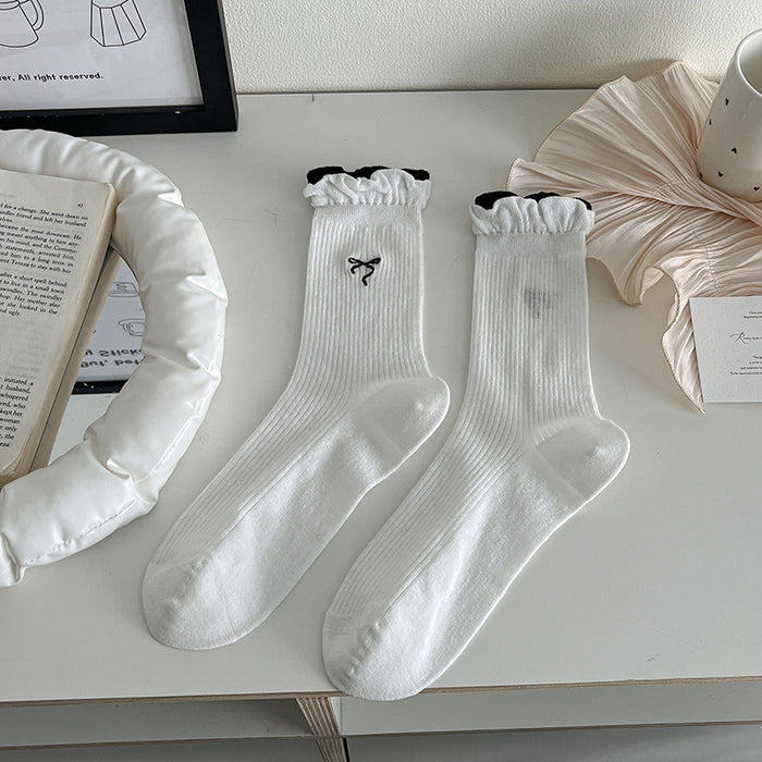 Wholesale Thin double-layer bubble mouth lace bow middle tube socks stacked with cotton socks