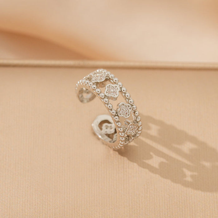 Wholesale Titanium Steel Full Diamond Four-Leaf Clover Necklace Earrings Ring Bracelet Set