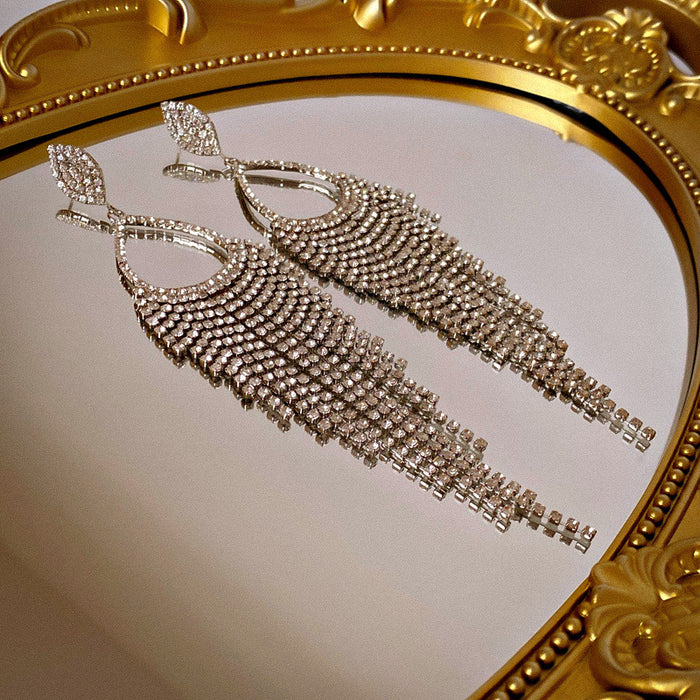 Wholesale Diamond Water Drop Long Tassel Silver Pin Earrings for Women