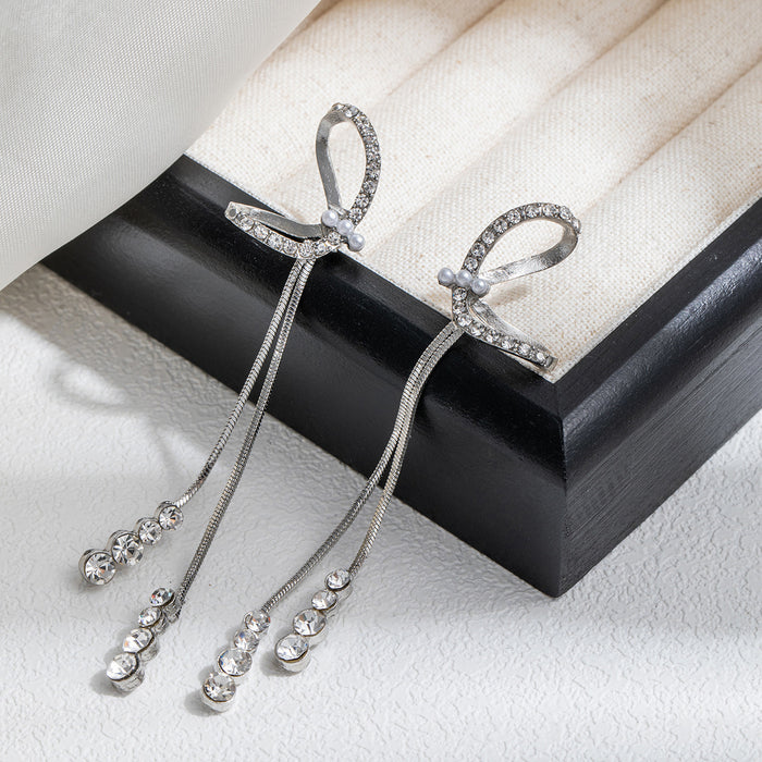 Wholesale Silver Butterfly Tassel Earrings High-end Earrings Elegant Diamond Pearl Long Earrings