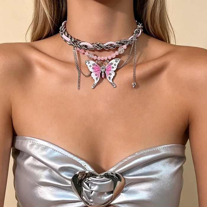 Wholesale Alloy Purple Crystal Butterfly Tassel Necklace Fashion Jewelry Accessory
