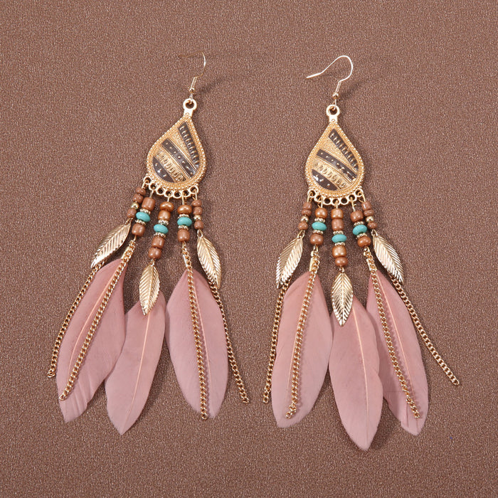 Wholesale Alloy Bohemian Feather Tassel Long Earrings JDC-ES-Gumi004