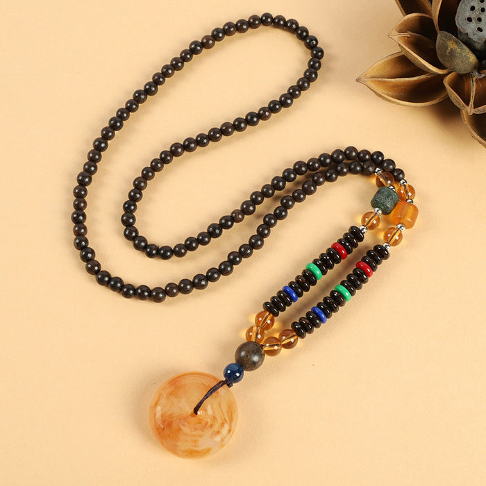 Wholesale Long Cotton and Linen Accessories Wooden Pendant Buddhist Beads Necklace JDC-NE-Luox003