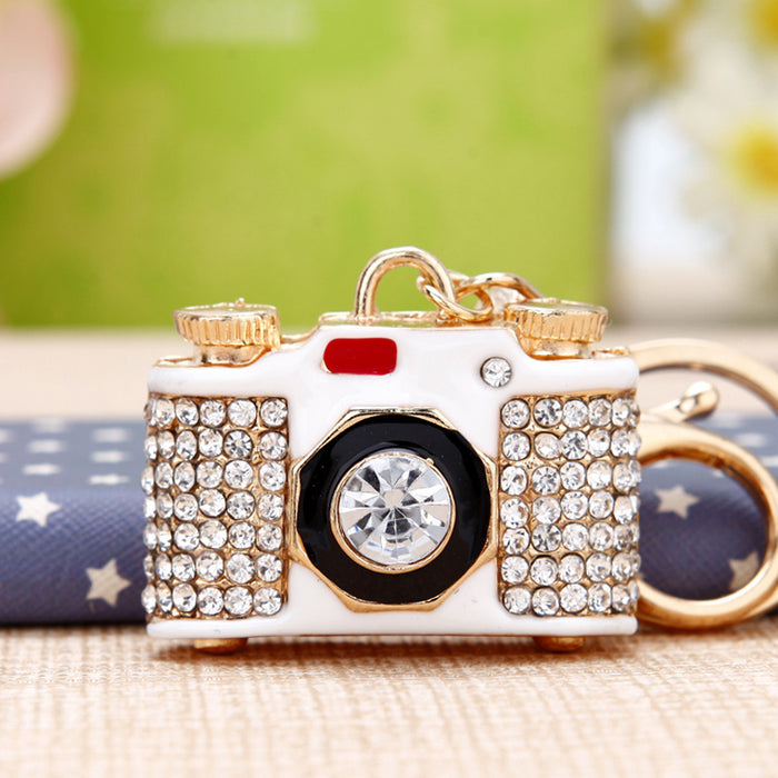 Wholesale Crystal rhinestone camera car keychain cute creative pendant keychain ring