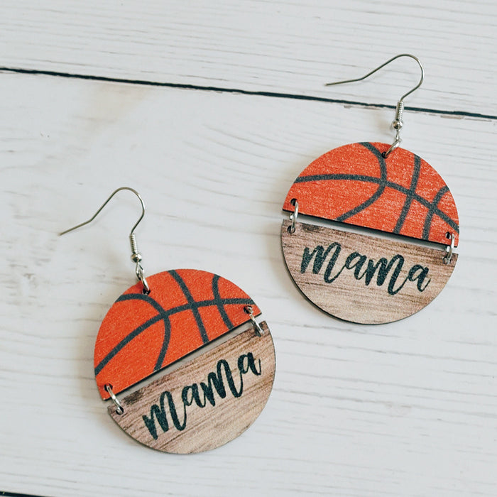 Wholesale Mother's Day Basketball Wooden Round Earrings JDC-ES-HongQi003