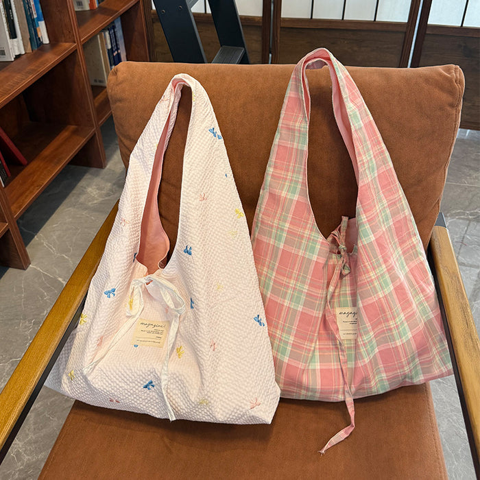 Wholesale Versatile Embroidered Bow Shoulder Bag, Fashionable Artistic Plaid Underarm Bag, Tote Bag