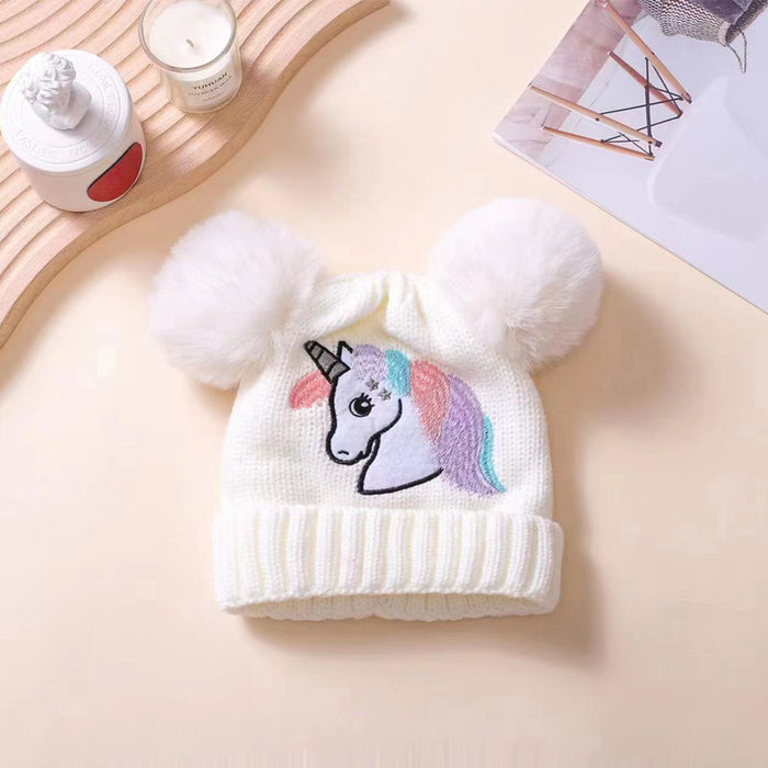 Wholesale Children' s Knit Hat for Autumn and Winter  Embroidered Unicorn and Double Pom-Poms Warm Winter Hat