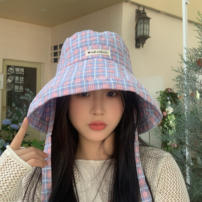 Wholesale Sweet plaid lace up fisherman hat versatile large brim sun protection hat UV resistant sun protection hat