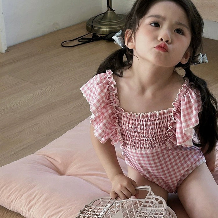 Wholesale Pink plaid lace one-piece swimsuit for vacation