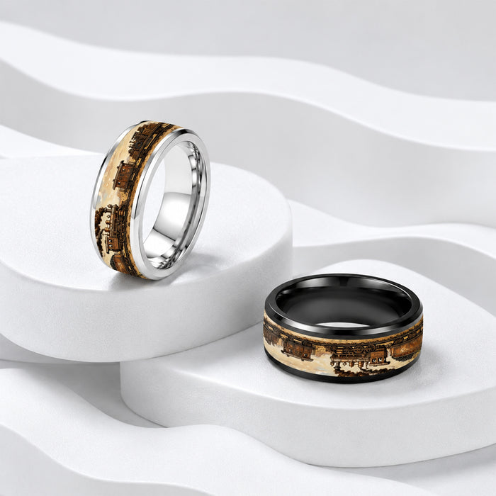 Wholesale 304 Stainless Steel Men' s Vintage Western Train Ring Silver Electroplated Jewelry Accessory