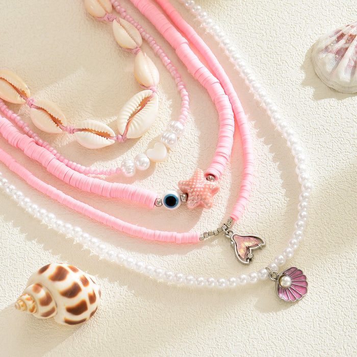 Wholesale Shell Necklace Pink Beads Starfish Pearl Multi-Layered Necklace for Women