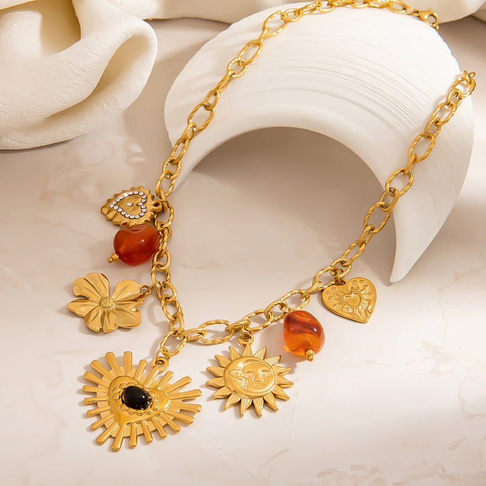 Wholesale Stainless steel necklace exaggerated love big sun resin inlaid natural stone pendant waterproof clavicle chain