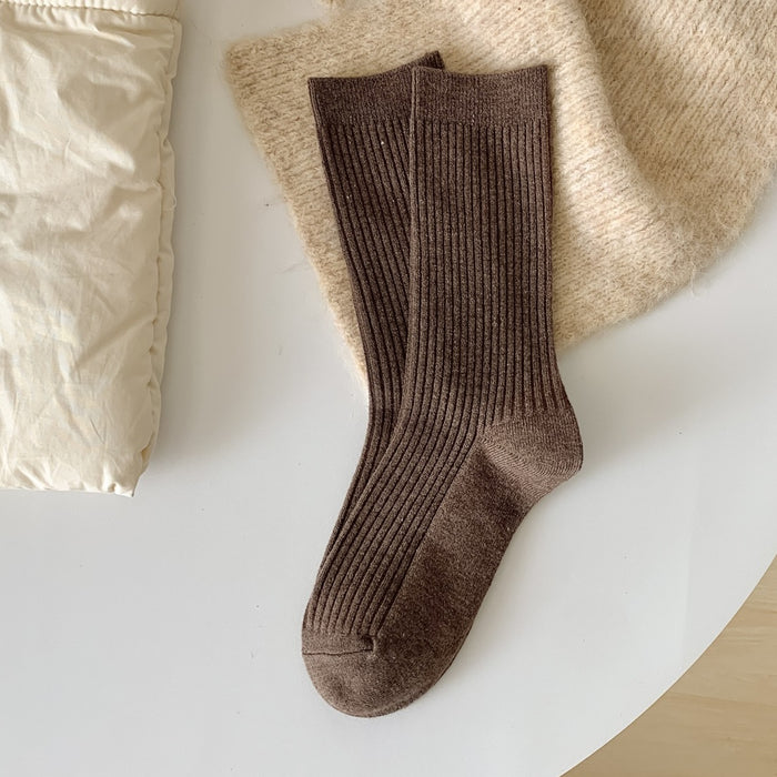 Wholesale Woolen socks in autumn and winter, solid color, vertical stripes, woolen midsole socks, thick and warm, stacked long socks