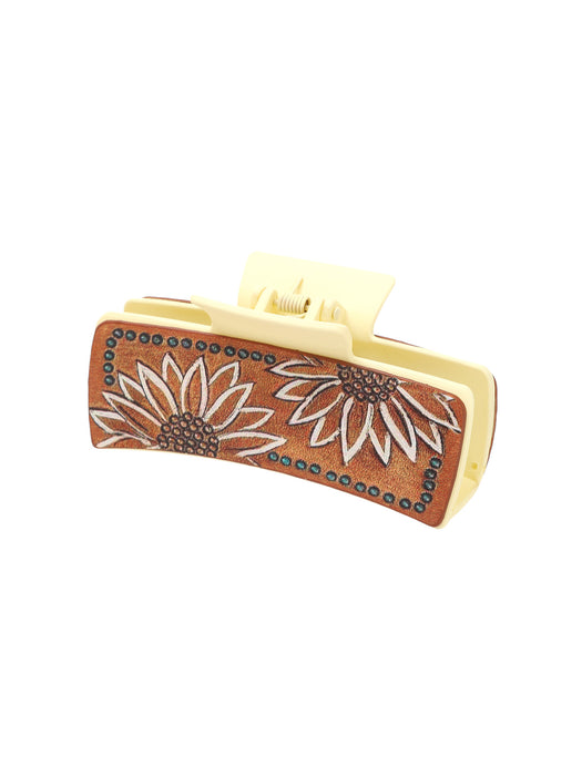 Wholesale Western Cowboy Style Sunflower Cow Pattern Leather Women' s Hairpin Grabber Shark Clip Hair Accessories Clip