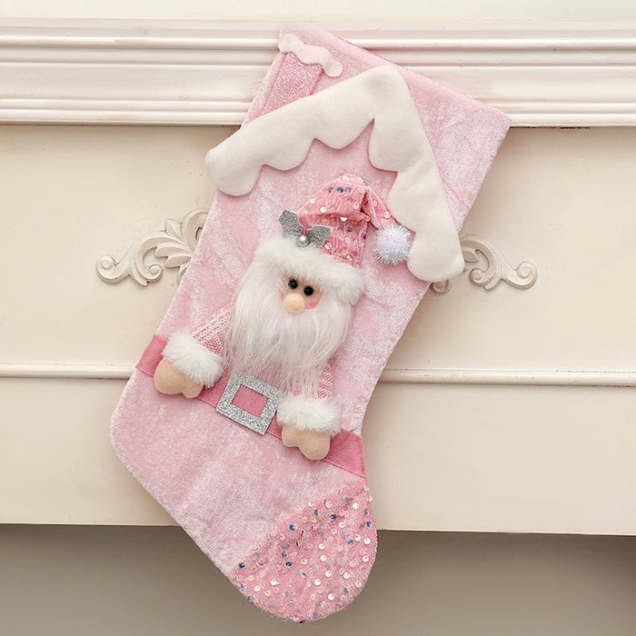 Wholesale Christmas Socks Children' s Gift Bag Pink Cartoon Roof Old Man Candy Gift Decoration Supplies Christmas Tree