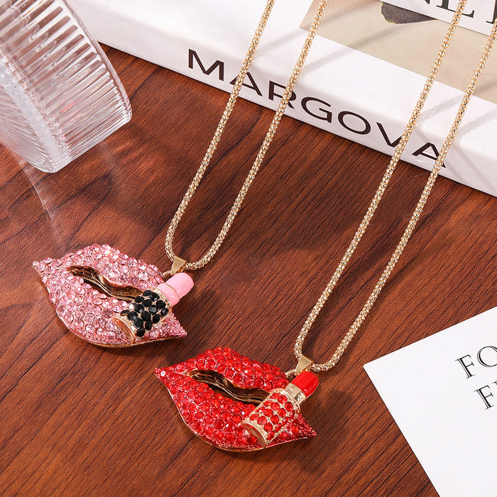 Wholesale Red Lips Rhinestone Zinc Alloy Sweater Chain Necklace