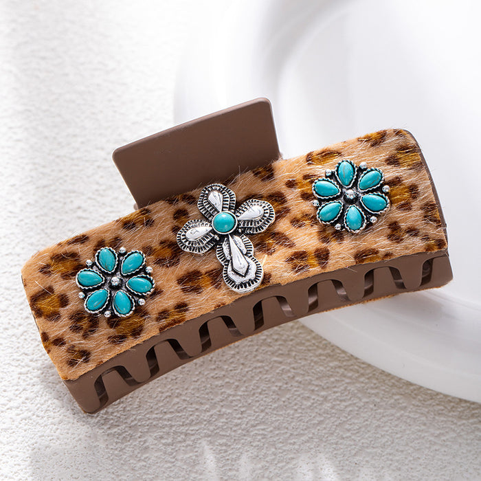 Wholesale Bohemian Turquoise Western Grabber Retro Leopard Sequin Leather Ethnic Style Shark Clip