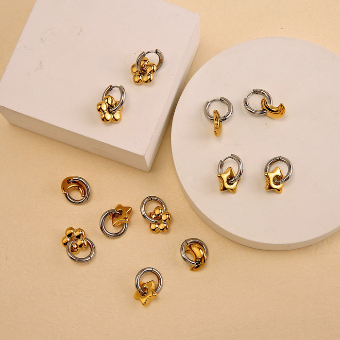 Wholesale Titanium steel star moon earrings, stainless steel ring earrings, gold and silver dual tone earrings