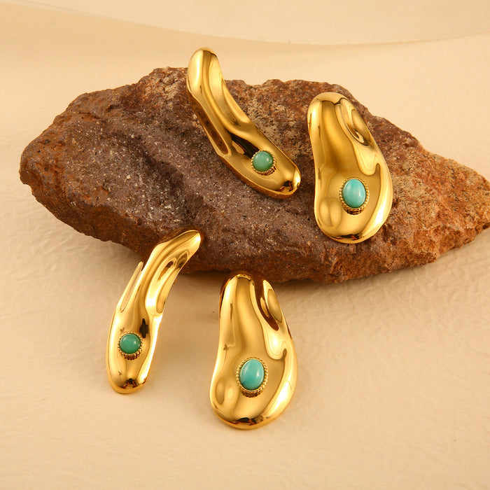 Wholesale Original design: Stainless steel irregular earrings set with natural stones, exaggerated personality and temperament, slanted earrings