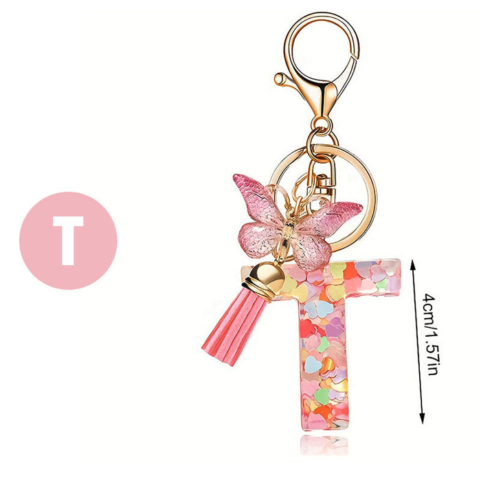 Wholesale Fashion pink letter key chain love sequins butterfly tassel key chain crystal  accessories