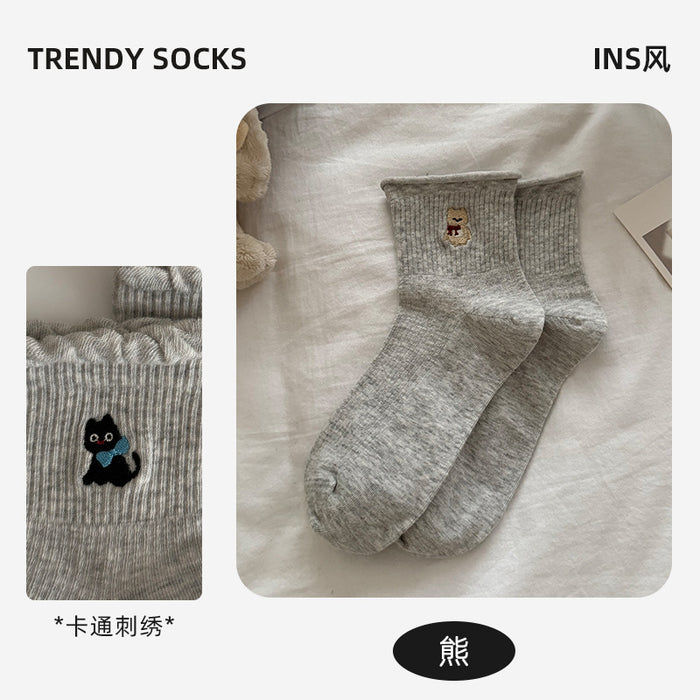 Wholesale Socks Children's Cotton Socks Cartoon Embroidery Lace Middle Sock Pattern Grey Sports Socks