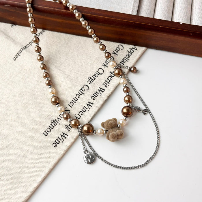 Wholesale Cute plush teddy bear pearl necklace, fashionable, simple, niche, versatile, handmade bead chain, tassel collarbone chain