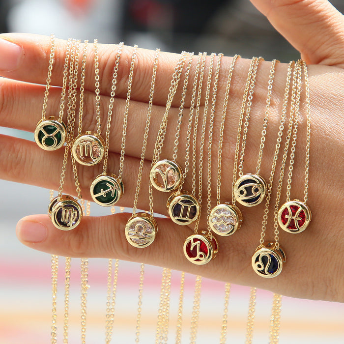 Wholesale   Brass Double-sided Round Hollow December Color Zirconium birthstone Twelve Constellation Pendant Necklace