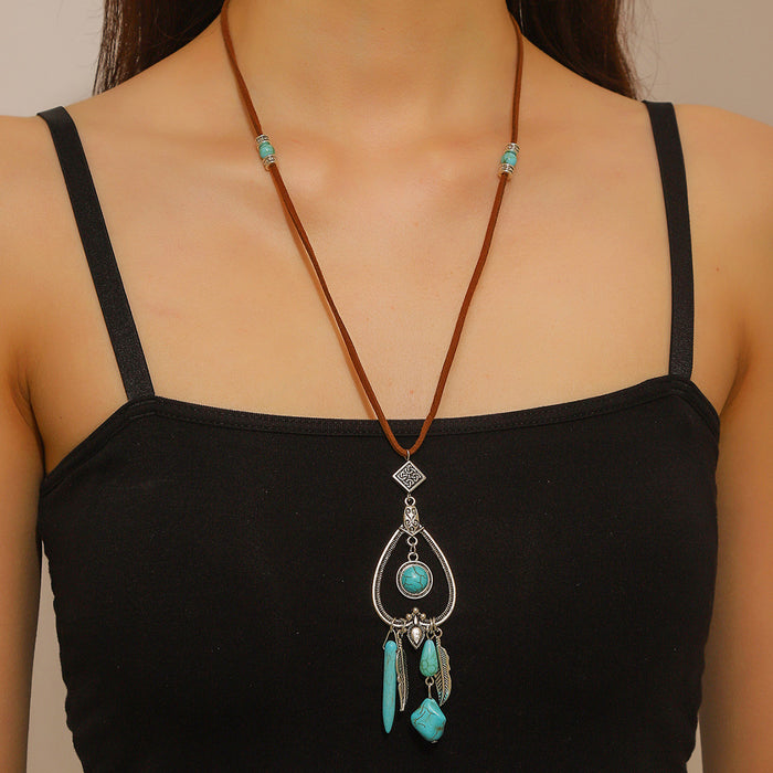 Wholesale Western Style Accessories Turquoise Pendant Leather Necklace JDC-NE-ManY017