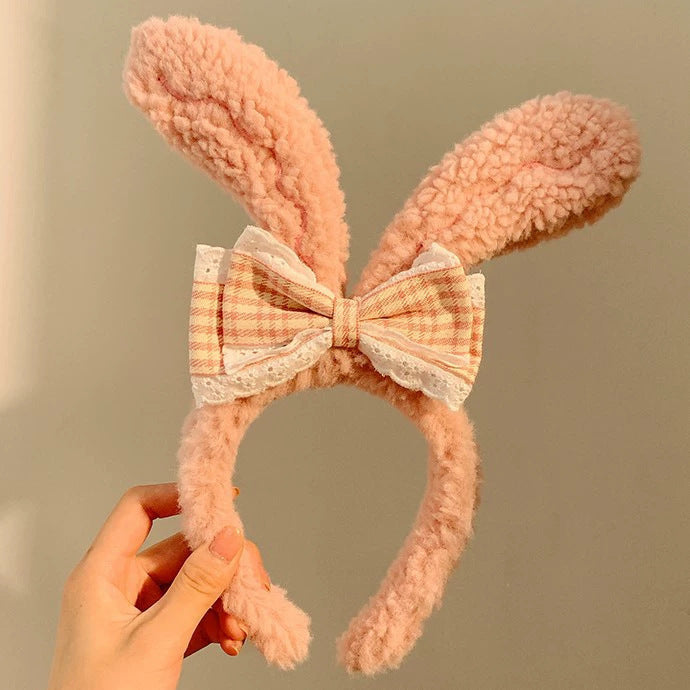 Wholesale Cute bow bunny ears lace trim plush headband