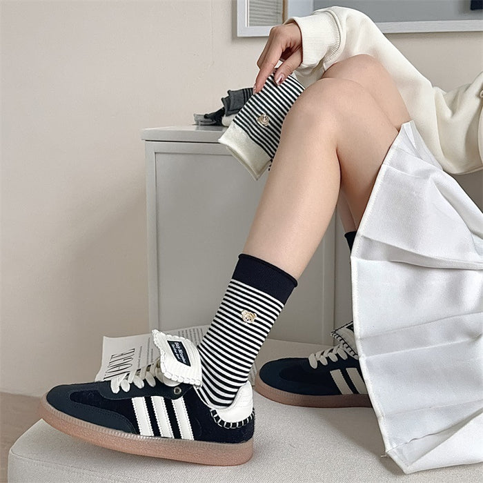 Wholesale Mid length socks, cotton socks, rolled edge striped pile socks, embroidered long socks