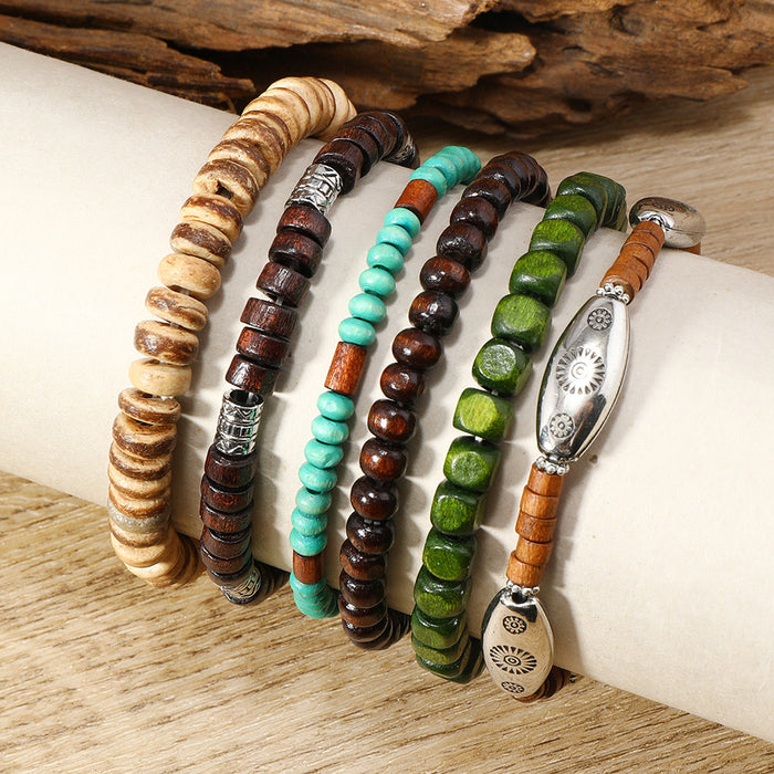Wholesale Wooden bead alloy 6-piece multi-layer elastic bracelet