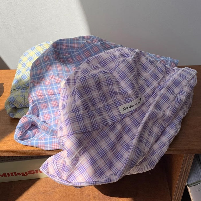 Wholesale Sweet plaid lace up fisherman hat versatile large brim sun protection hat UV resistant sun protection hat